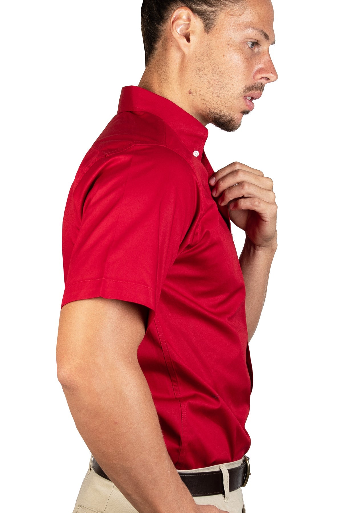 CAMISA MANGA CORTA LISA GABARDINA ROJO QUEMADO