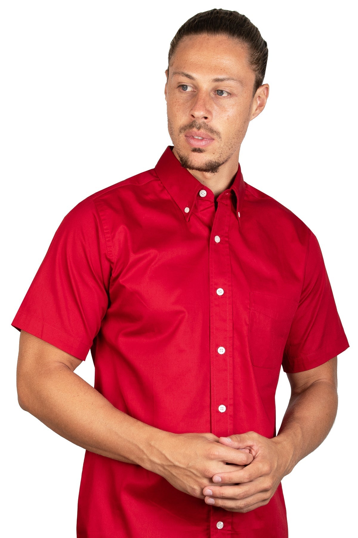 CAMISA MANGA CORTA LISA GABARDINA ROJO QUEMADO 